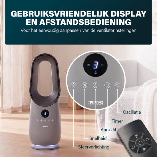 Princess Bladloze Torenventilator - 60 W – Krachtige & Stille Bladeless Fan met Afstandsbediening, Timer & LED‑Display – 75° Oscillatie – 3 Snelheden – 351582