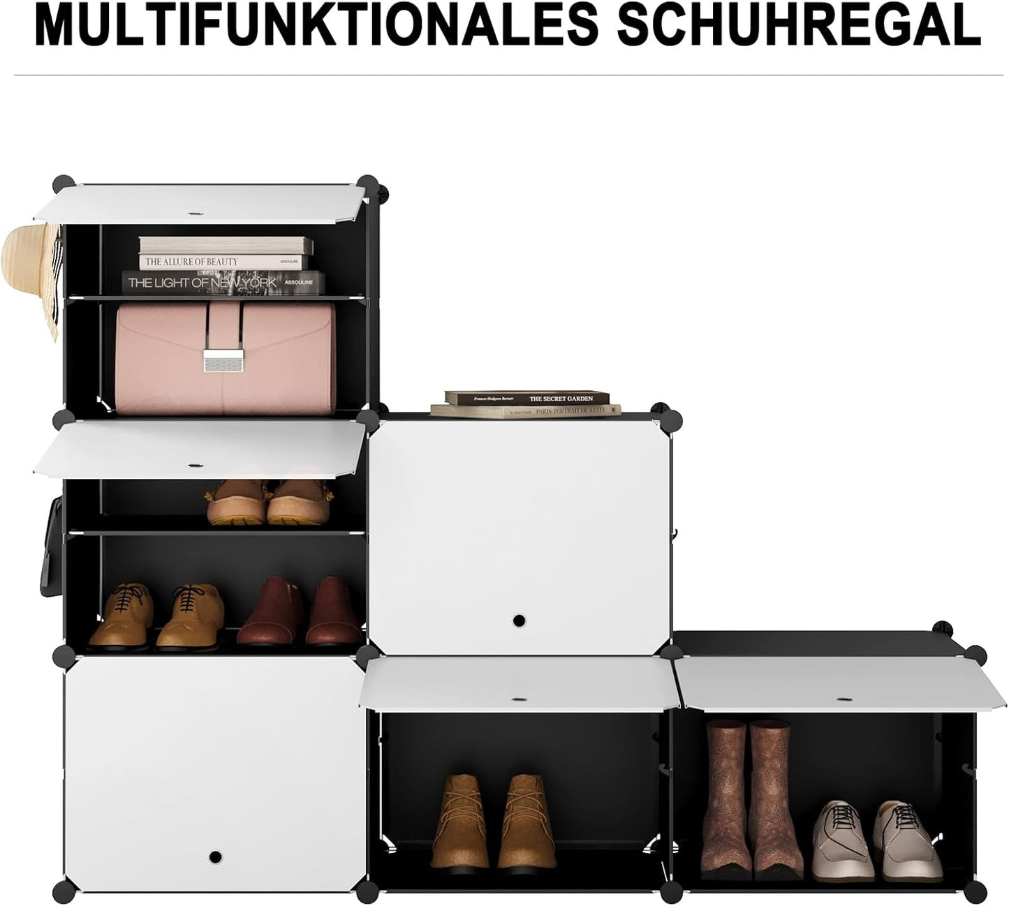 Woltu Schoenenrek met 6 Vakken - Opbergkast voor 24 Paar Schoenen - Wit/Zwart - 94 x 36,5 x 109 cm