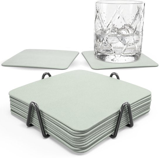 Castagnola Kunstlederen Onderzetters – Onderzetters voor Glazen – Design Onderzetters met Houder – Leren Onderzettersset met metalen houder – Leder – Set van 10 - Lichtgroen - 10x10cm