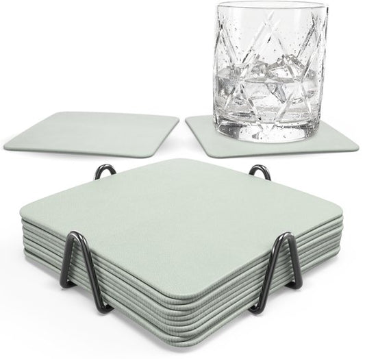 Castagnola Kunstlederen Onderzetters – Onderzetters voor Glazen – Design Onderzetters met Houder – Leren Onderzettersset met metalen houder – Leder – Set van 10 - Lichtgroen - 10x10cm