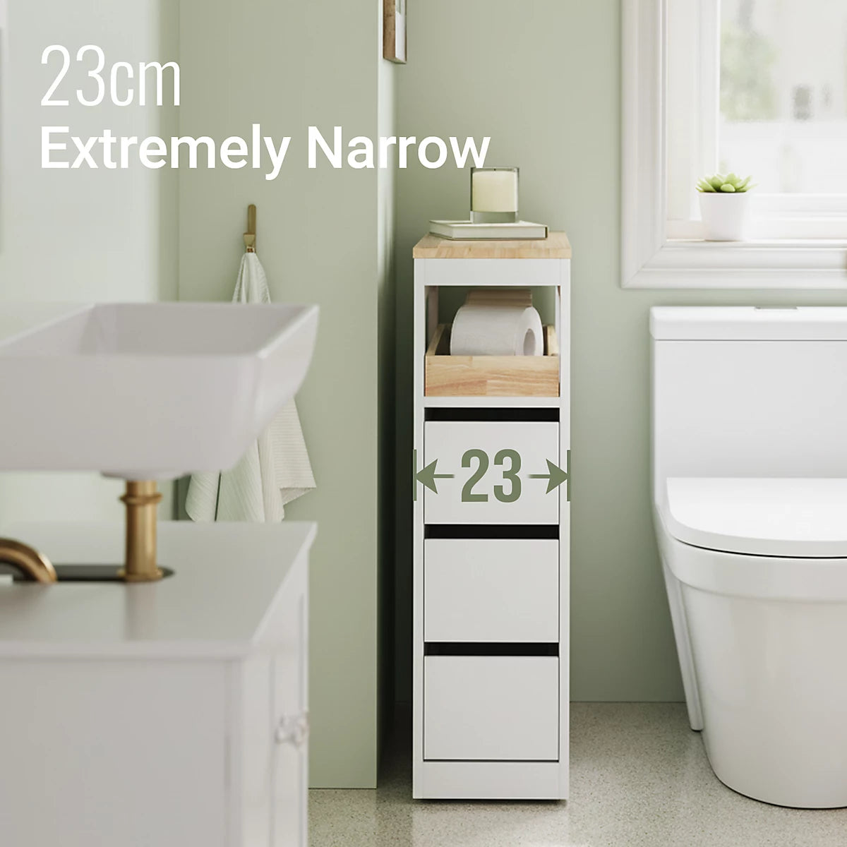 SoBuy – BZR54-II-W Slanke Vrijstaande Badkamerkast – 65 x 23 x 82 cm – Voorzien Van 3 Lades En 4 Wielen En Verplaatsbaar Tussenschot – Voor Badkamer En Gastentoilet – Wit MDF En Rubberhout