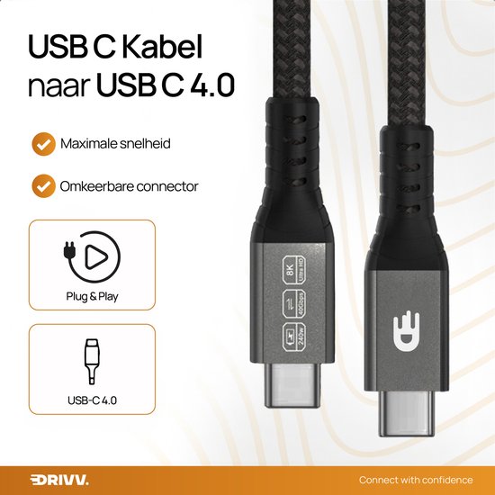 Drivv. USB C naar USB C Kabel 4.0 - Gen 3 - 240W Snellader - 8K 60Hz - 40Gbps - 1 Meter - Nylon - Zwart