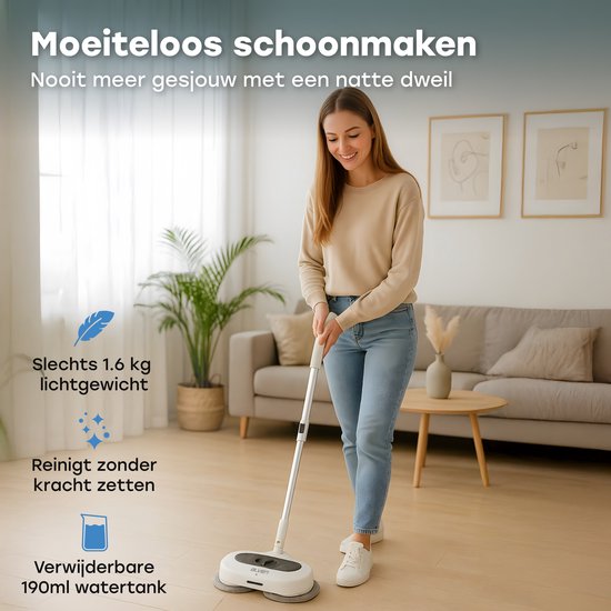 Ølven Elektrische Dweil - Draadloos - Dweilsysteem - Vloerreiniger - Sprayfunctie - LED Verlichting - 50W - Verstelbaar - Wit