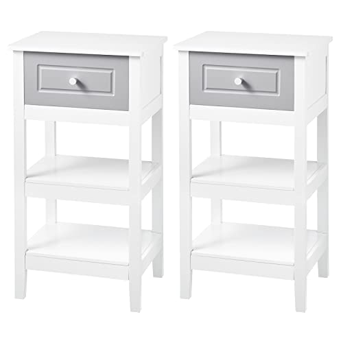 Woltu Nachtkastje met Lade en 2 Opbergrekken MDF Wit 38 x 28 x 71 cm Set van 2