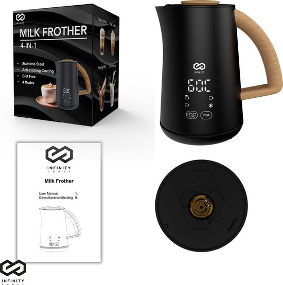 Infinity Goods Melkopschuimer - Elektrisch - 4 Functies - 500ML - Melkschuimer - Verwarmen - Antikleeflaag - Zwart