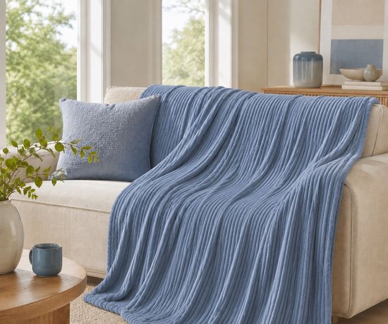 Ceruzo Fleece Deken 150x200 cm – Denim Blauw –Zachte Plaid -Woondeken