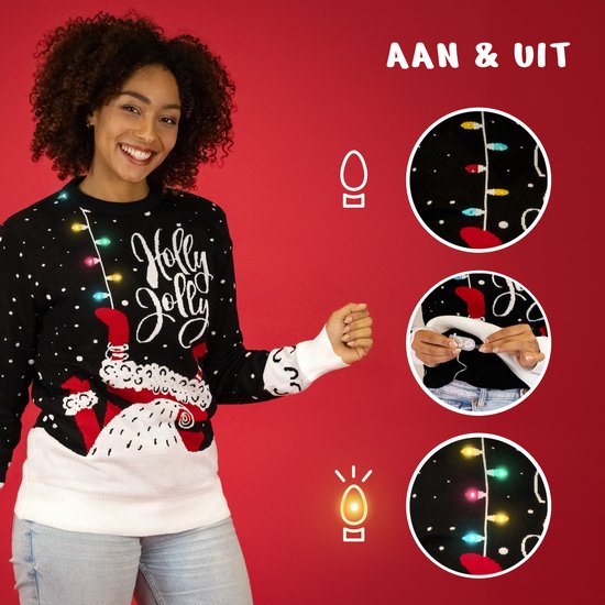 JAP Christmas Kersttrui met lichtjes (maat XL) - 100% Gerecycled - Kriebelt niet - Kerstcadeau volwassenen - Foute Kersttrui dames en heren - Holly Jolly - Zwart