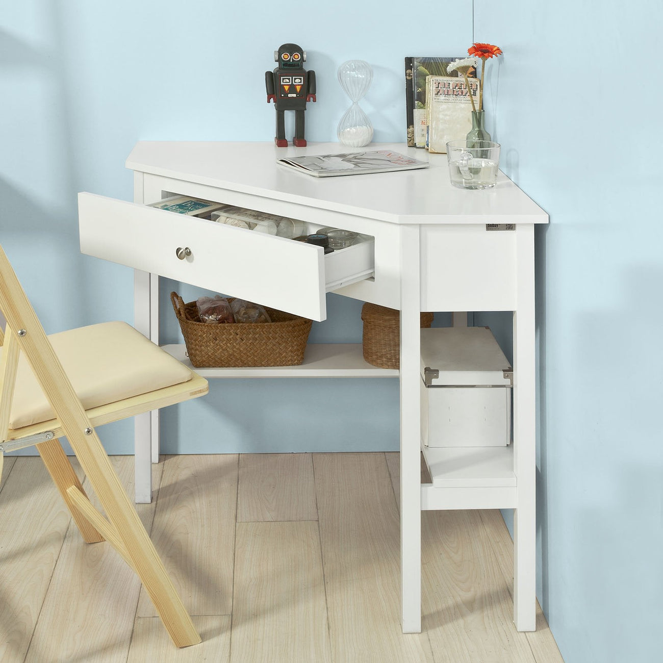 SoBuy FWT31-W Bijzettafel met lade - Hoekmodel - 76 x 76 x 76 cm - Wit