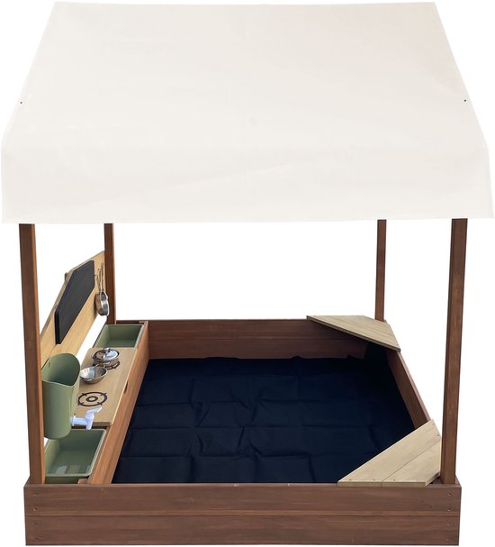 AXI Meli Zandbak & Speelhuisje 120 x 120 cm met Speelkeuken – Bruin - Met Dak – FSC hout – Met Krijtbord, Watertank en 6-delig Speelgoed Kookset – Met 2 Bankjes - Inclusief gronddoek – 10 jaar garantie