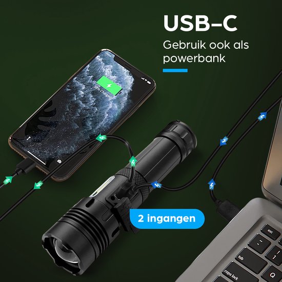 Exortus® Oplaadbare LED Zaklamp - 5000 Lumen - Duurzaam en Waterdicht - 26650 Batterij - COB Verlichting - Opbergdoos - Holster