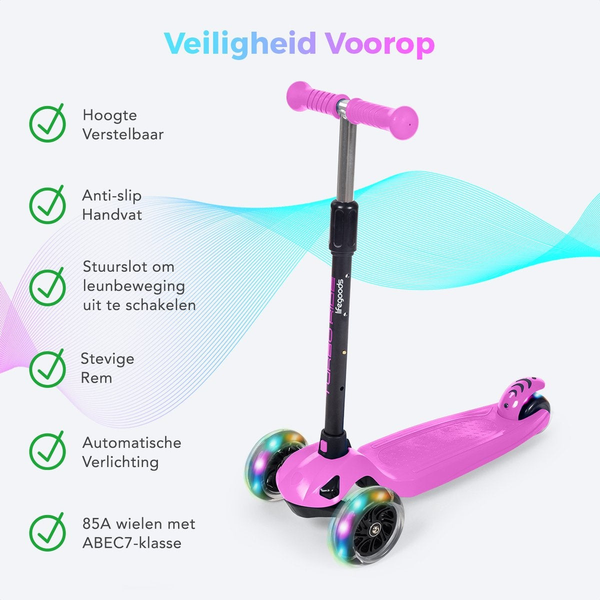 LifeGoods TurboRide Kinderstep - Step 5-8 Jaar - 3 Lichtgevende Wielen - Jongens/Meisjes - Roze