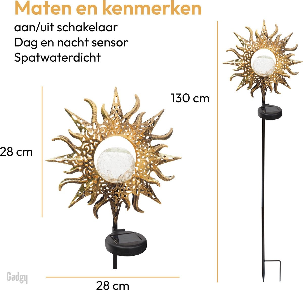 Gadgy Solar Tuinfakkel Zon met grondspies - Tuinsteker Set van 2 st. - Tuinfakkels 103CM Hoog - Tuinverlichting op zonneenergie buiten - Led buitenverlichting met sensor - Brons kleurig Metaal