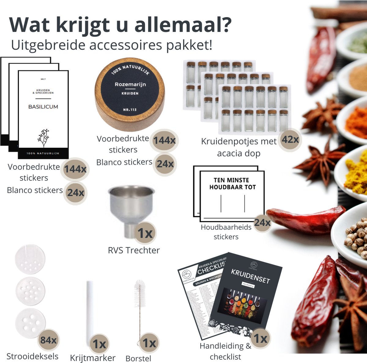 Organess Kruidenpotjes Set 42 Stuks Vierkant - Acacia Deksel - Inclusief Labels en Accessoires - 120ml