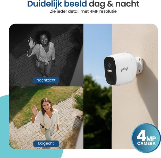 Gologi Draadloze Beveiligingscamera voor Buiten en Binnen - Bewakingscamera met Accu 5200 mAh - USB-C Oplaadbaar - Nachtzicht - Bewegingsdetectie - Magnetische Montage - 4MP HD Camera WiFi met App - Beveiligingscamera - Wit