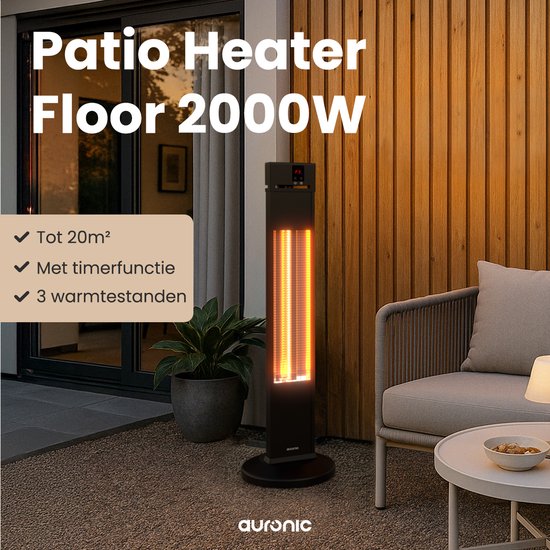 Auronic Terrasverwarmer - Infrarood Verwarming - Staand - 20m2 - Elektrisch - 2000W - Afstandsbediening - 3 Standen - Zwart