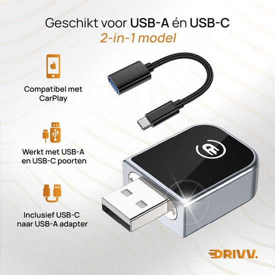 Drivv. 2-in-1 CarPlay Dongle - USB-C & USB-A Aansluiting - Draadloos CarPlay - Wireless CarPlay - Zwart