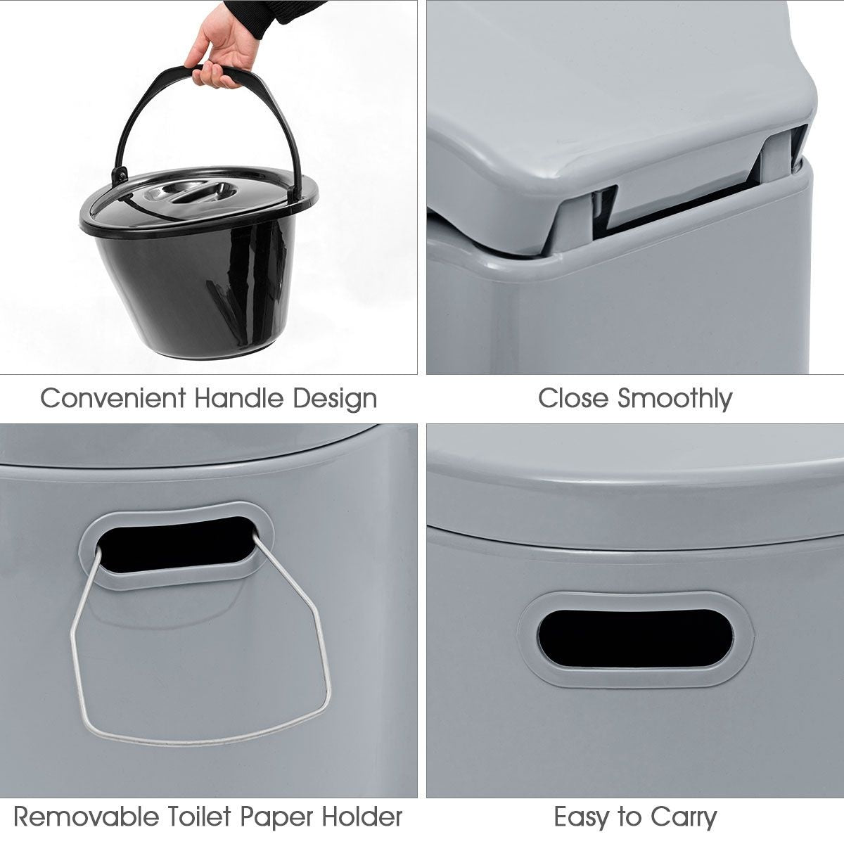 Coast Draagbare Toiletpot voor op Reis - Uitneembare Binnenemmer - Toiletpapierhouder - 41 x 49 x 34 cm - Grijs