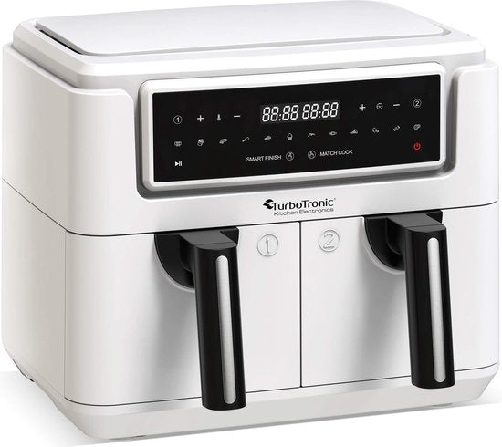 TurboTronic AF118 Dubbele Airfryer XXL - Digitale Heteluchtfriteuse - Dubbele mand - 7,6 Liter - 2x 3,8L - 12 programma's - Touchscreen - Wit
