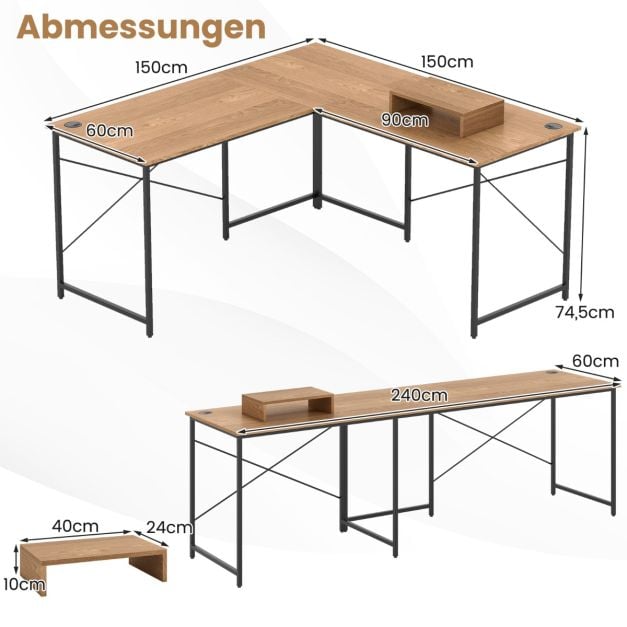 Coast L-vormig Hoekbureau – Ombouwbaar tot 240 cm – Monitorstandaard – Naturel