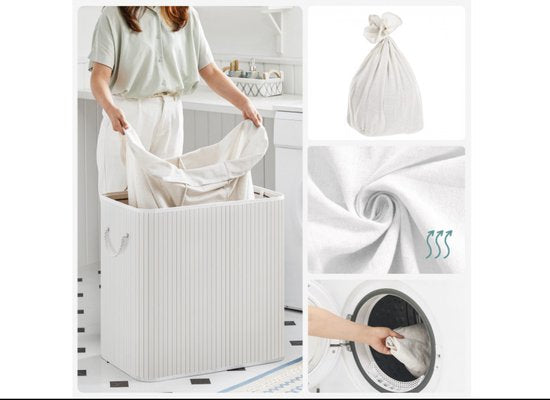 SONGMICS - Wasmand 150 liter - 3 sorteervakken - 60x40x61.5 - bamboe met stof - wit LCB091W01
