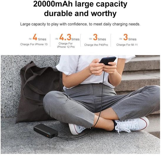 Baseus Airpow - Powerbank - 20W - 20000mAh - USB-A & USB-C Kabel