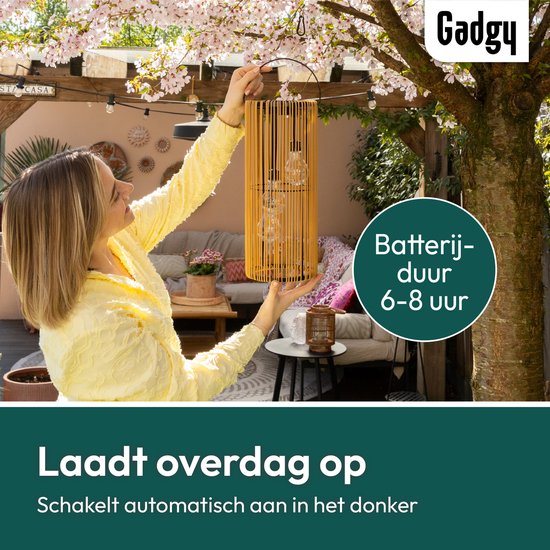 Gadgy Solar Tuinverlichting op Zonne-energie – Rotan Lantaarn voor Buiten – Hanglamp of Tafellamp – Spatwaterdicht – Sfeerverlichting voor Tuin, Balkon of Terras - Bruin – Ø17 x 41 cm – Dag/Nacht Sensor