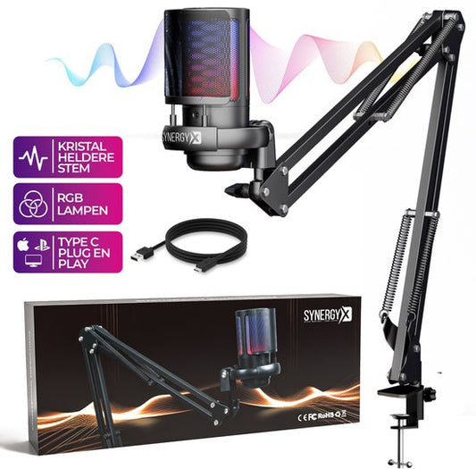 SynergyX SonicFlex Pro Microfoon - USB Gaming Microfoon Met Arm - PC-Gaming - Geschikt voor PC/PS4/PS5 - RGB - Podcast - Gaming - Streaming - Zwart