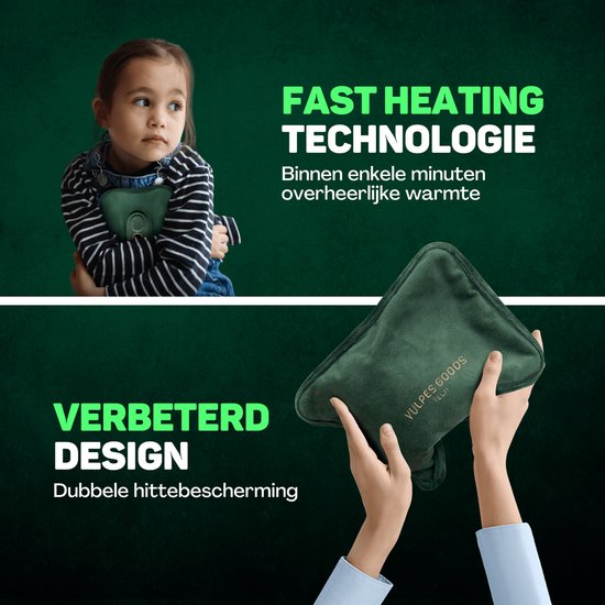 Vulpes Goods® - Elektrische Kruik - Zacht Groen Flanel - Digitaal Display - Draadloos & Energiezuinig - Incl. HandwarmerTegen Menstruatieklachten & Spierpijn - Warmtekruik voor in Bed