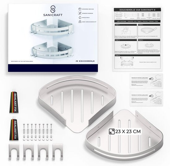 Sanicraft® - Doucherek - Doucherek zonder Boren - Geschikt voor elk type Muur - Doucherek Hangend - Doucherekje Hoek - Doucherekje - Doucheplank - Roestvrij - 2 Stuks
