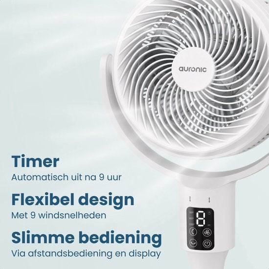 Auronic Statiefventilator - Staande Tafel en Vloerventilator - 9 Standen en Timer - Luchtkoeler - Stil - Met Afstandsbediening en Display - Fan - Wit