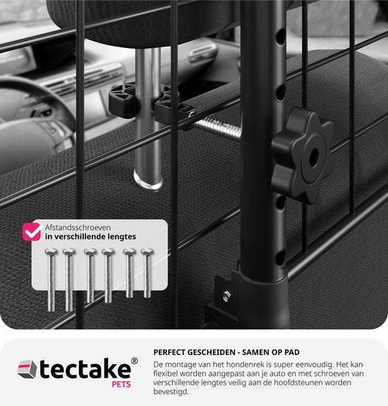 tectake® - Autohondenrek - Universeel met variabele breedte tot max. 154 cm - Kofferbakbescherming en scheidingsrooster - Incl. 2 veiligheidsgordels - Eenvoudige montage