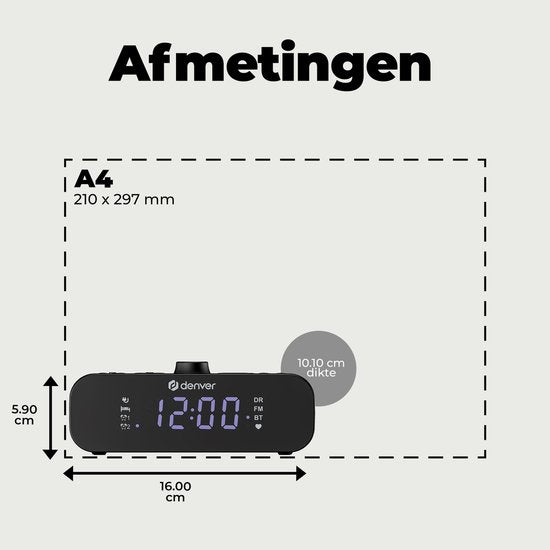 Denver Wekkerradio DAB met Bluetooth - Digitale Wekker - Opladen via USB-C - FM Radio - Dual Alarm - CRD515