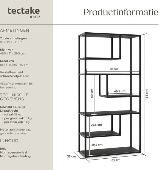 tectake® Wandkast Venda - 85 x 35 x 188 cm - Industriële Look - Stalen Frame - Kast met Kantelbeveiliging - Boekenkast met 6 Asymmetrische Vakken - Moderne Opbergkast voor Woonkamer, Keuken of Slaapkamer