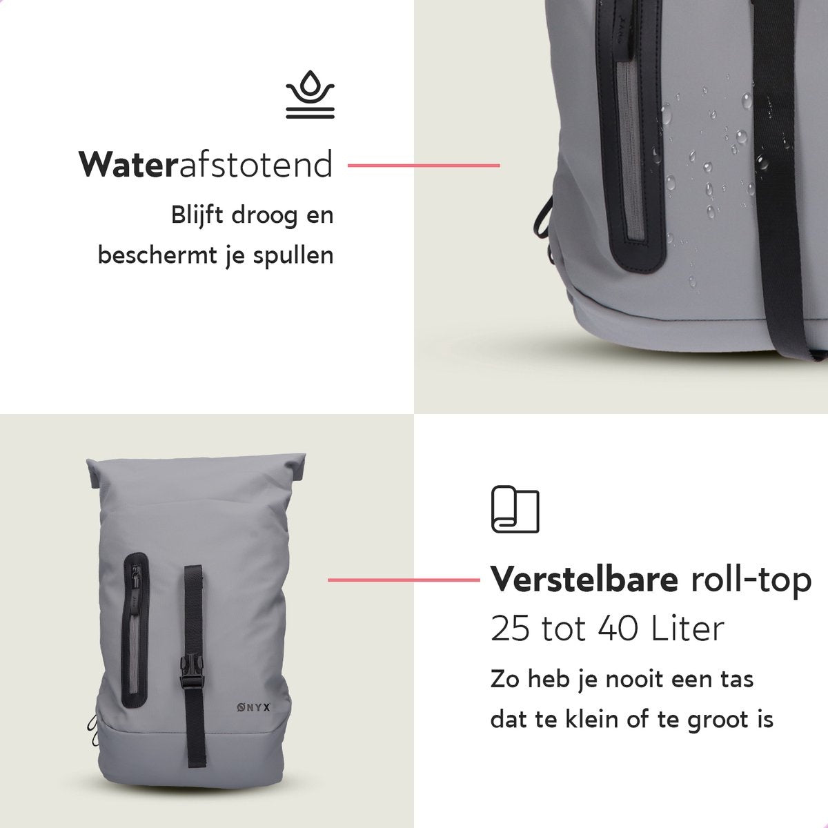 ONYX Rolltop Rugzak 25 tot 40L - Met Laptopvak - Verstelbare Rugtas - Reistas - Waterbestendig en Duurzaam - Grijs