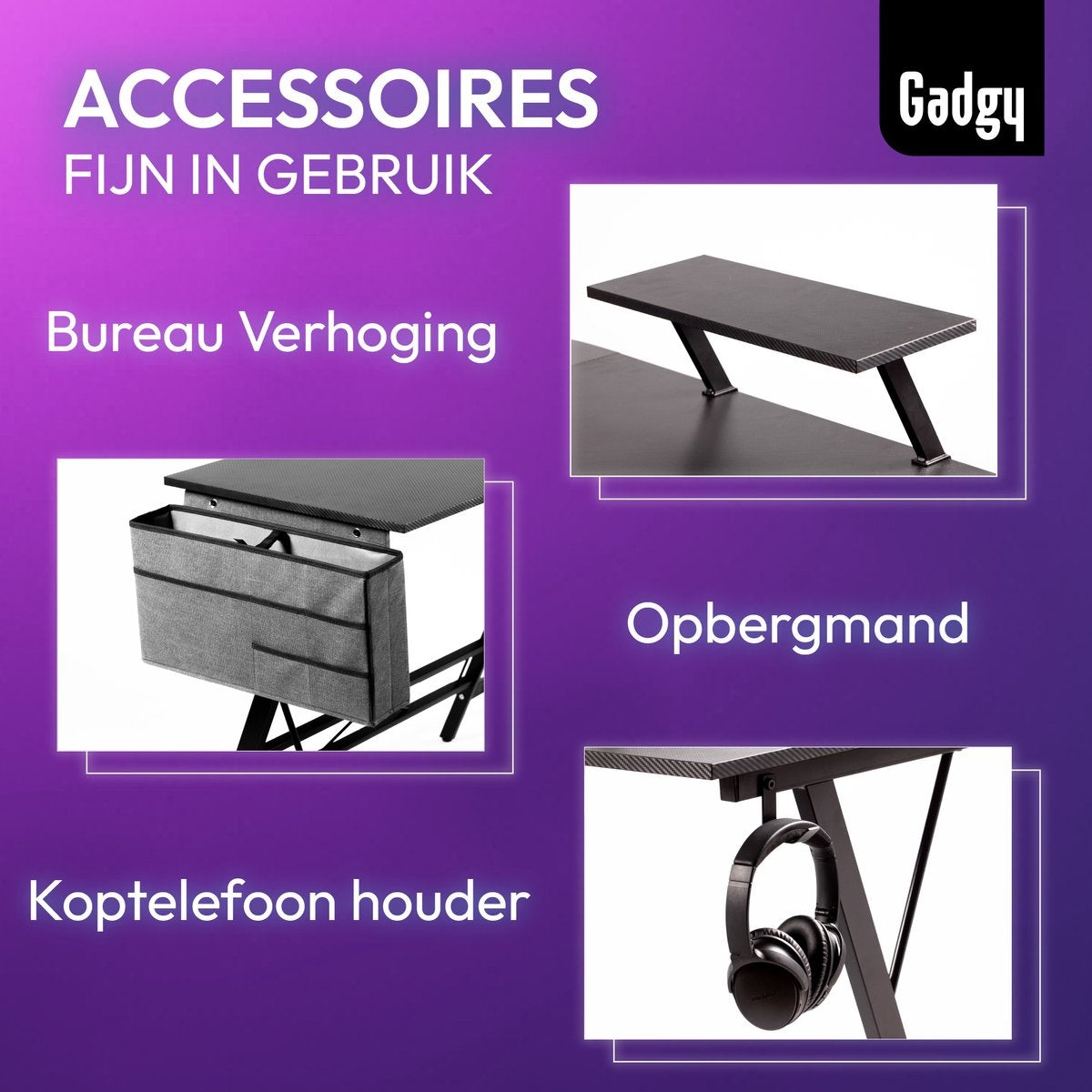 Gadgy Game Bureau Carbon PRO - Gaming HoekBureau 130 CM Breed - Gaming Bureau met Carbon Details - Gaming Desk L-vorm met Koptelefoonhouder, Scherm Verhoging & Opbergmand - Level Up met Gadgy - Zwart Carbon