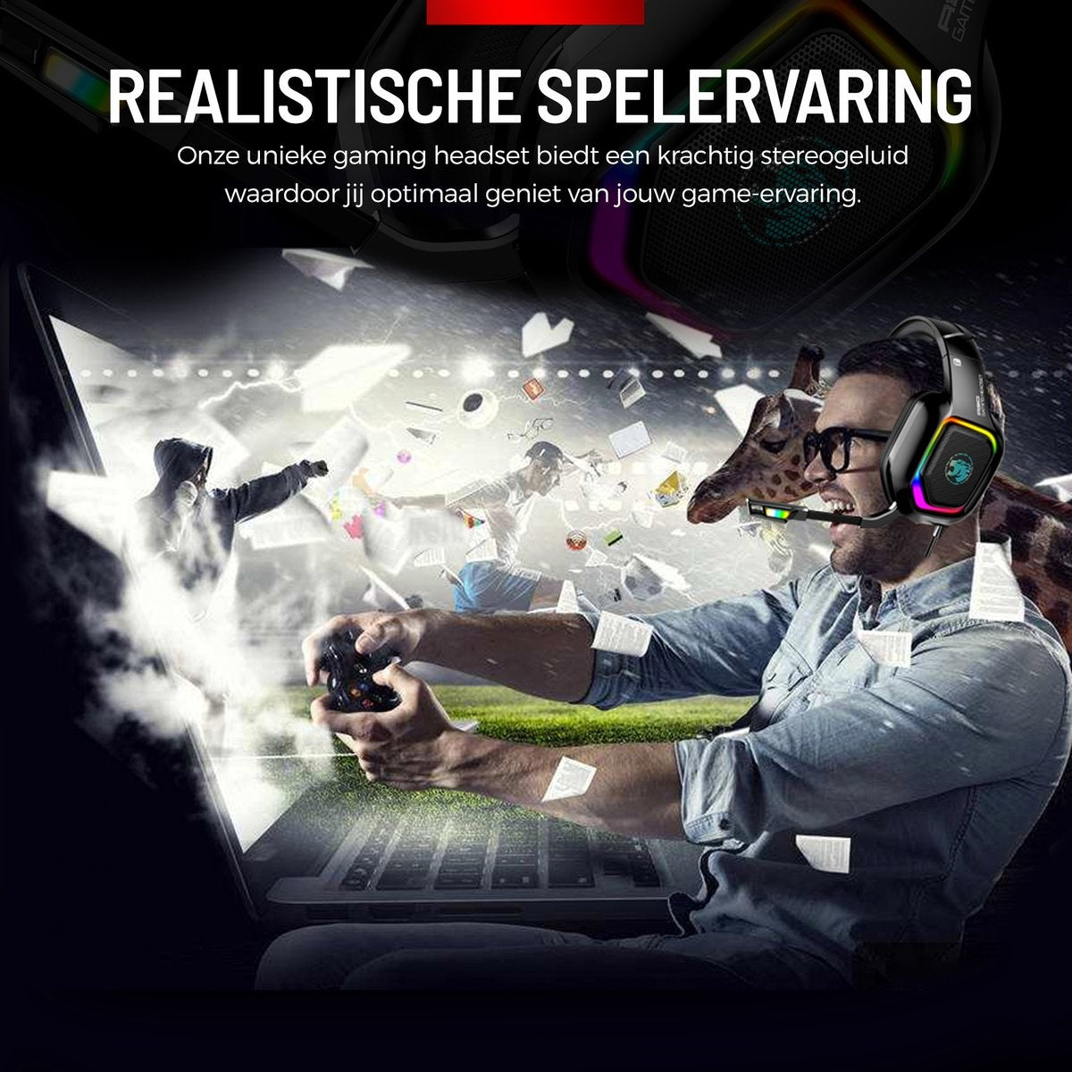 URGOODS Gaming Headset – Virtueel 7.1 Surround Sound  – 1 m kabel – Zwart/RGB