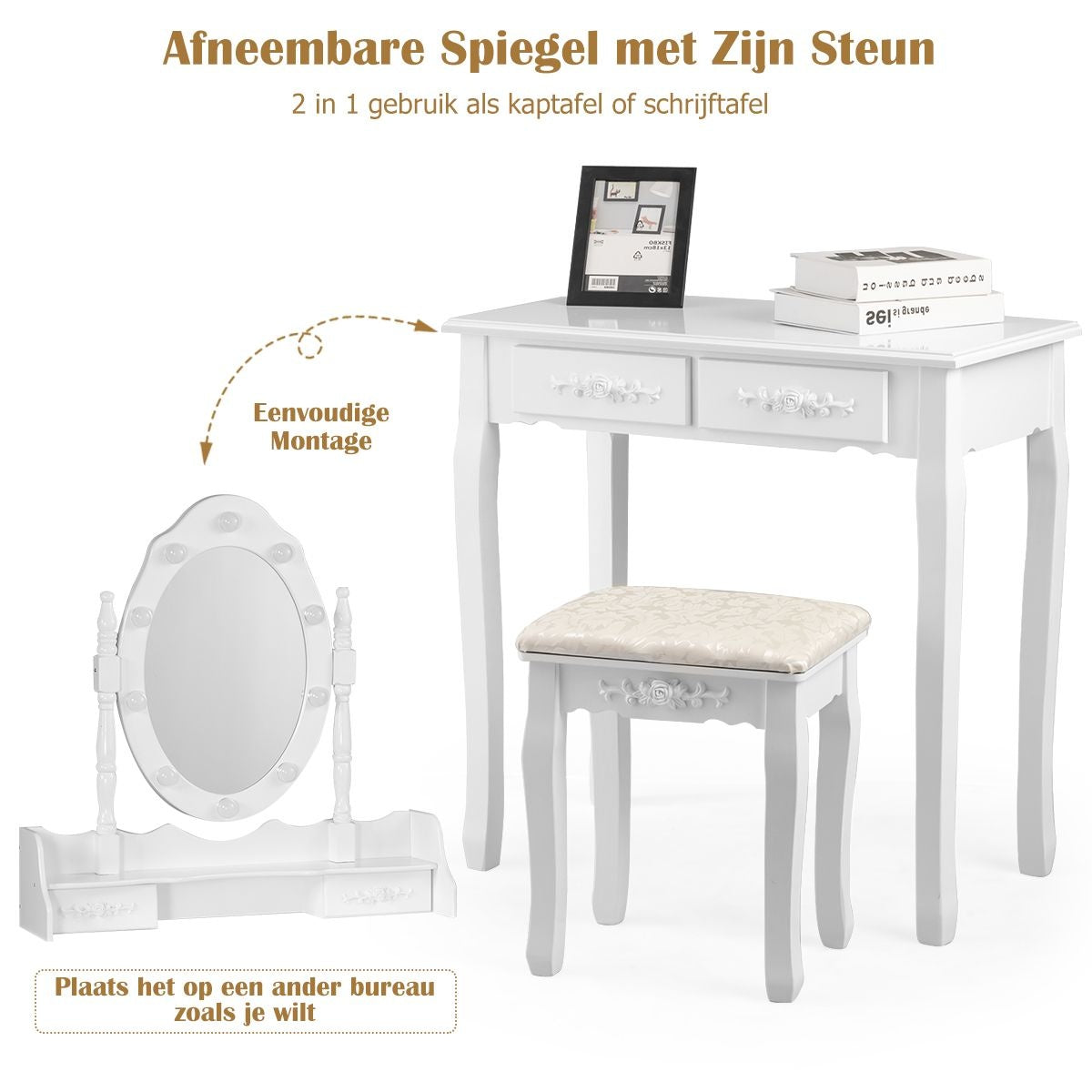 Coast Klassieke Kaptafel met Krukje - LED Lampen - Make up Tafel - 75 x 40 x 146cm - Wit