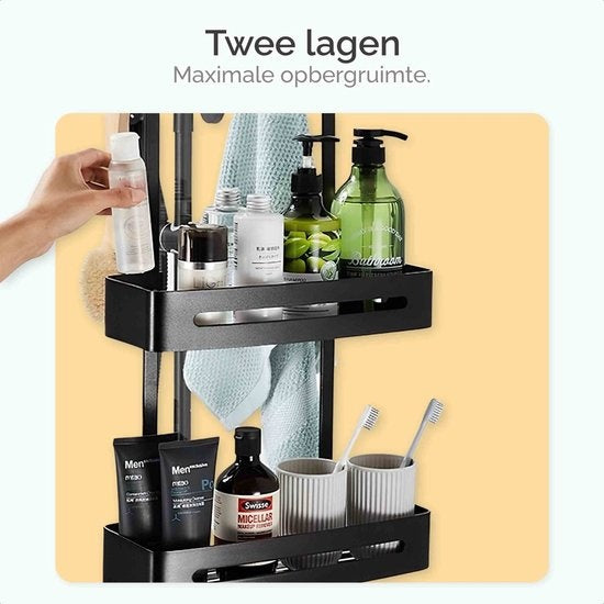Goliving Doucherek - Doucherek zonder boren - 74 x 35 cm - Hangend doucherek - RVS - Twee laags - Zwart