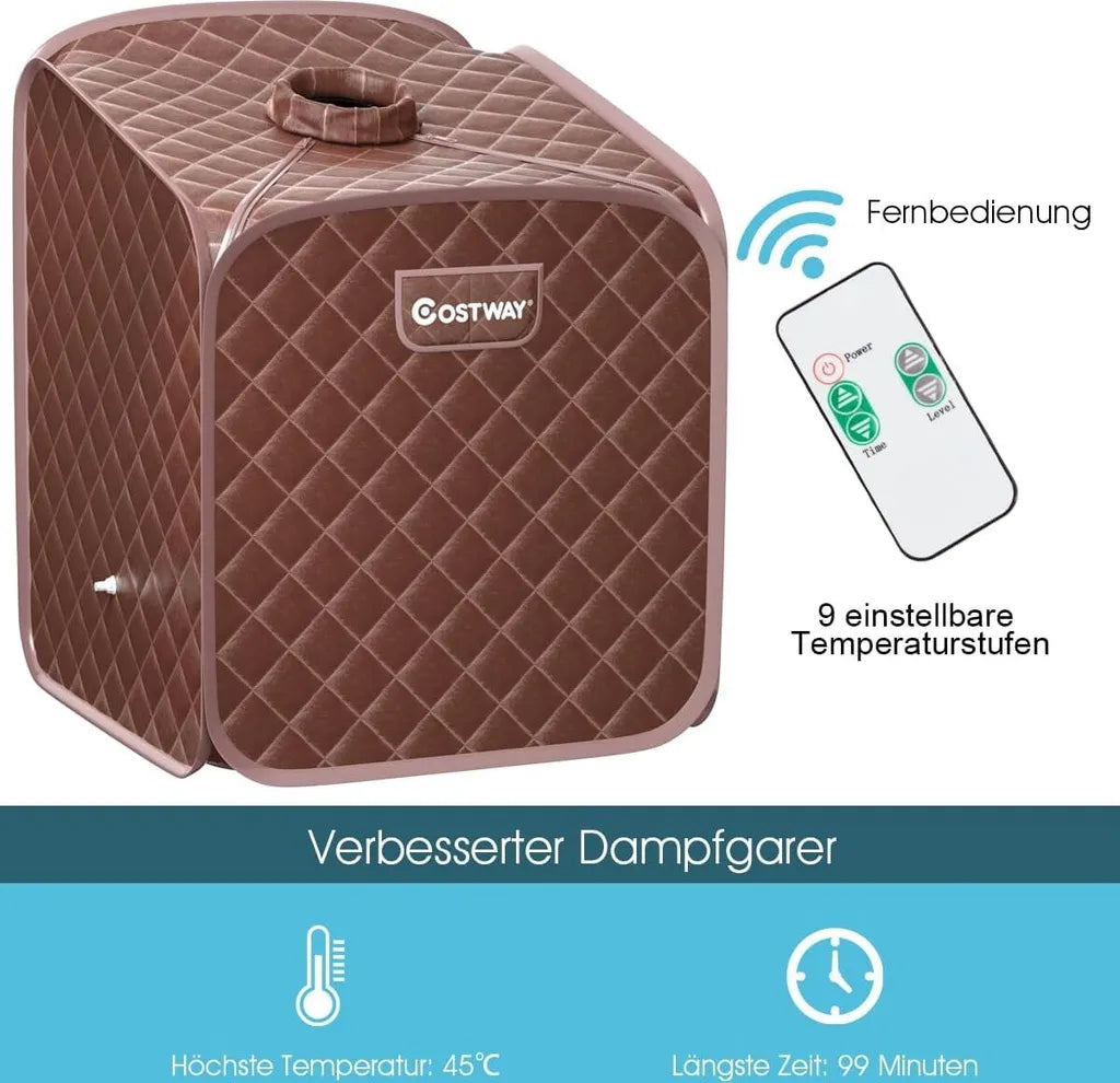 Coast Mini Stoomsauna 2 Liter - Opvouwbare Thuissauna met Afstandsbediening, Timer, 9 Temperatuurstanden en Stoel - Bruin