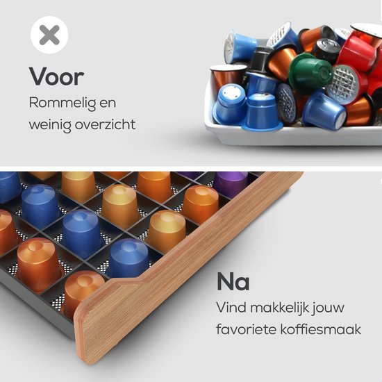 KitchenLove Capsulehouder – Met Lade – 60 Cups – 41,5 x 26,5 x 8 cm – Zwart/Hout