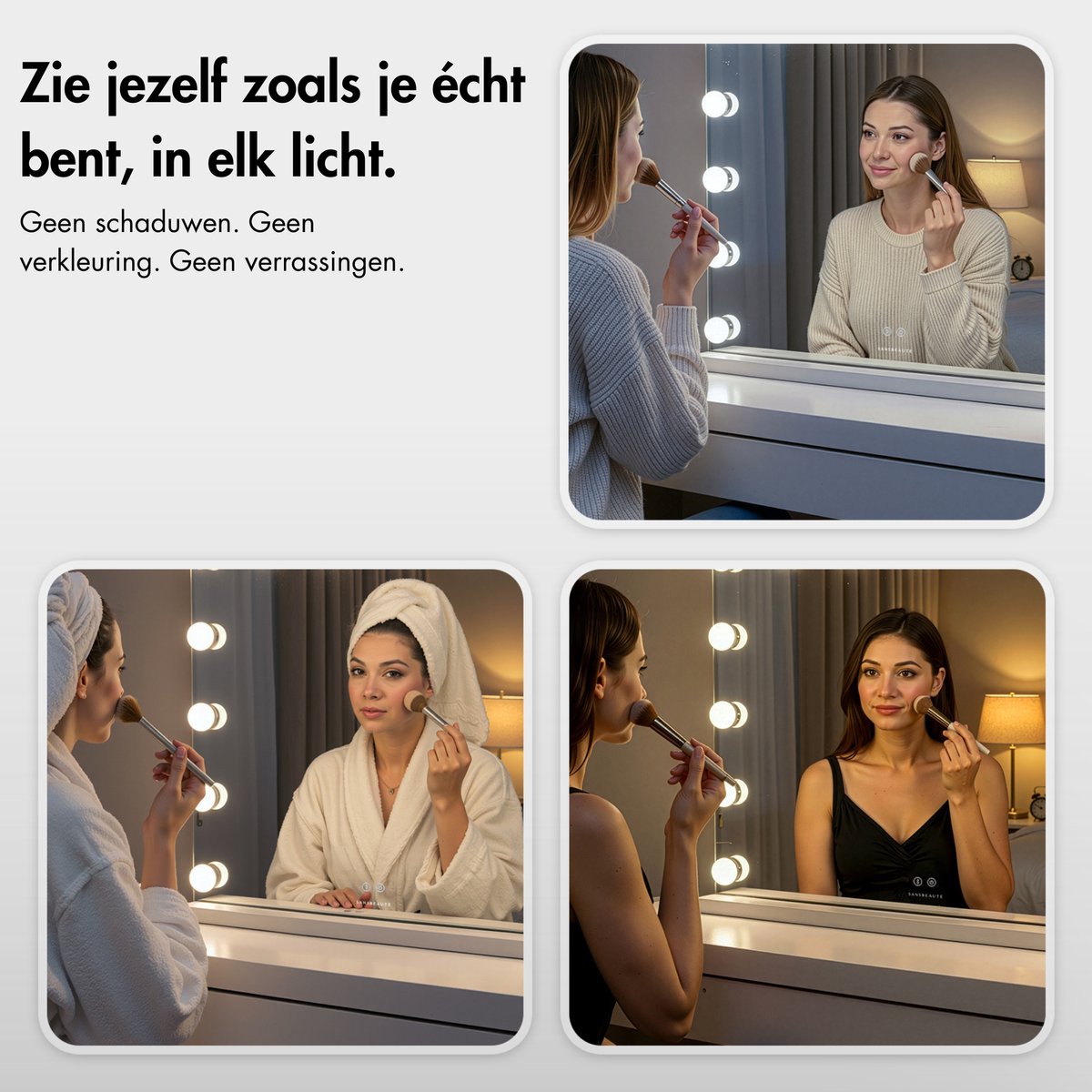 Sansbeauté® Hollywood Spiegel 80x62,5 cm - Make-up Spiegel - 18 LED Lampen - 10x Vergroting - Dimbaar - USB Oplaadpoort - Touch Control - Wit