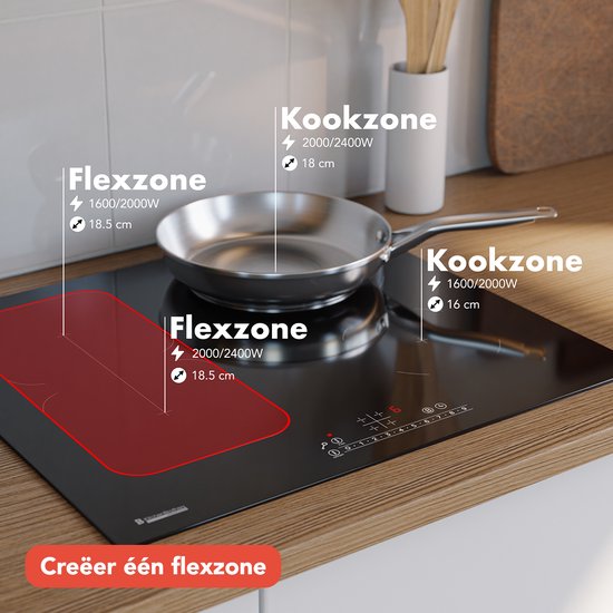 KitchenBrothers Inductie Kookplaat - Inbouw Inductieplaat - 60 cm - 4 Zones - 1x Flexzone - 1 en 2 Fase - Tot 2400W - Zwart