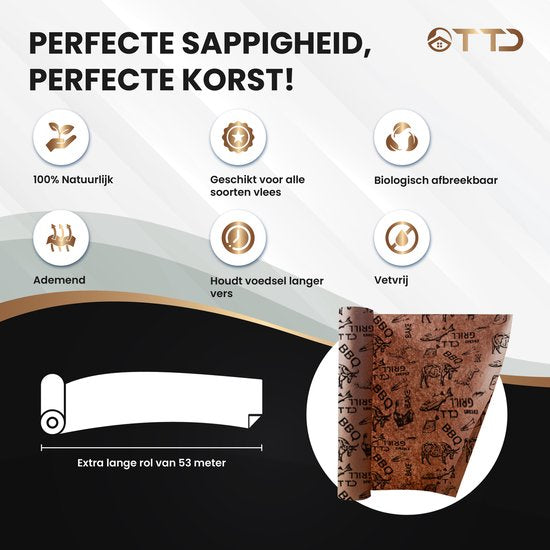TTD® Butcher Paper XXL met Voedselveilige Print - 53 meter - Professioneel 100% Natuurlijk Slagerspapier van Houtpulp - BBQ Accesoires - Barbecue - Houtvezels - Ongecoat Slagerspapier