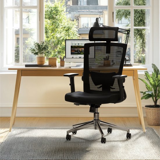 LifeGoods Ergonomische Bureaustoel - Office Chair - NEN- en SGS-gecertificeerd - Volwassenen - Hoofdsteun - Zwart/Chroom