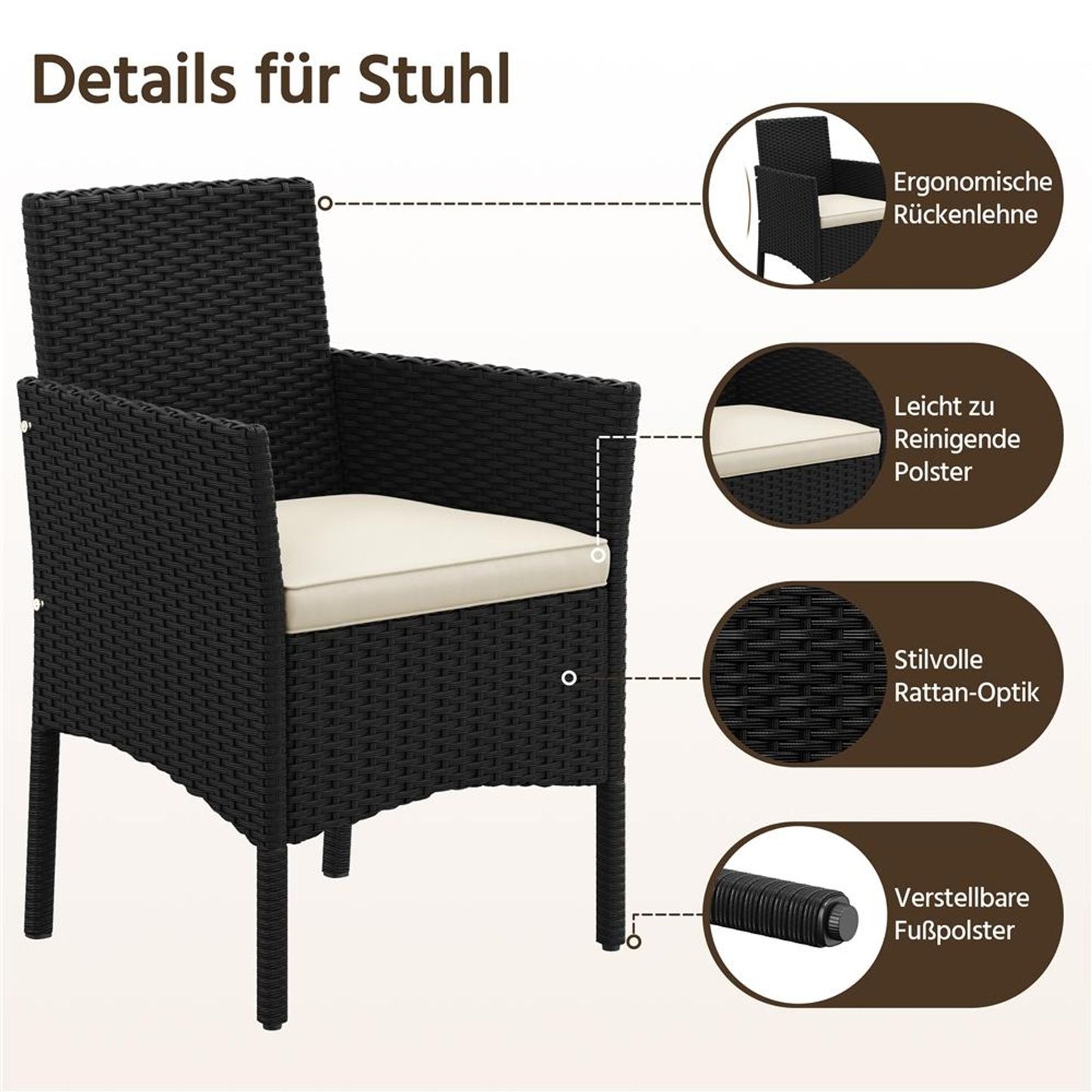 Yaheetech 4-delige Loungeset Rattan - Tafel, 2 Stoelen & 2-Zits Bank - Weerbestendige Kussens - Zwart & Beige - 106x58x80 cm