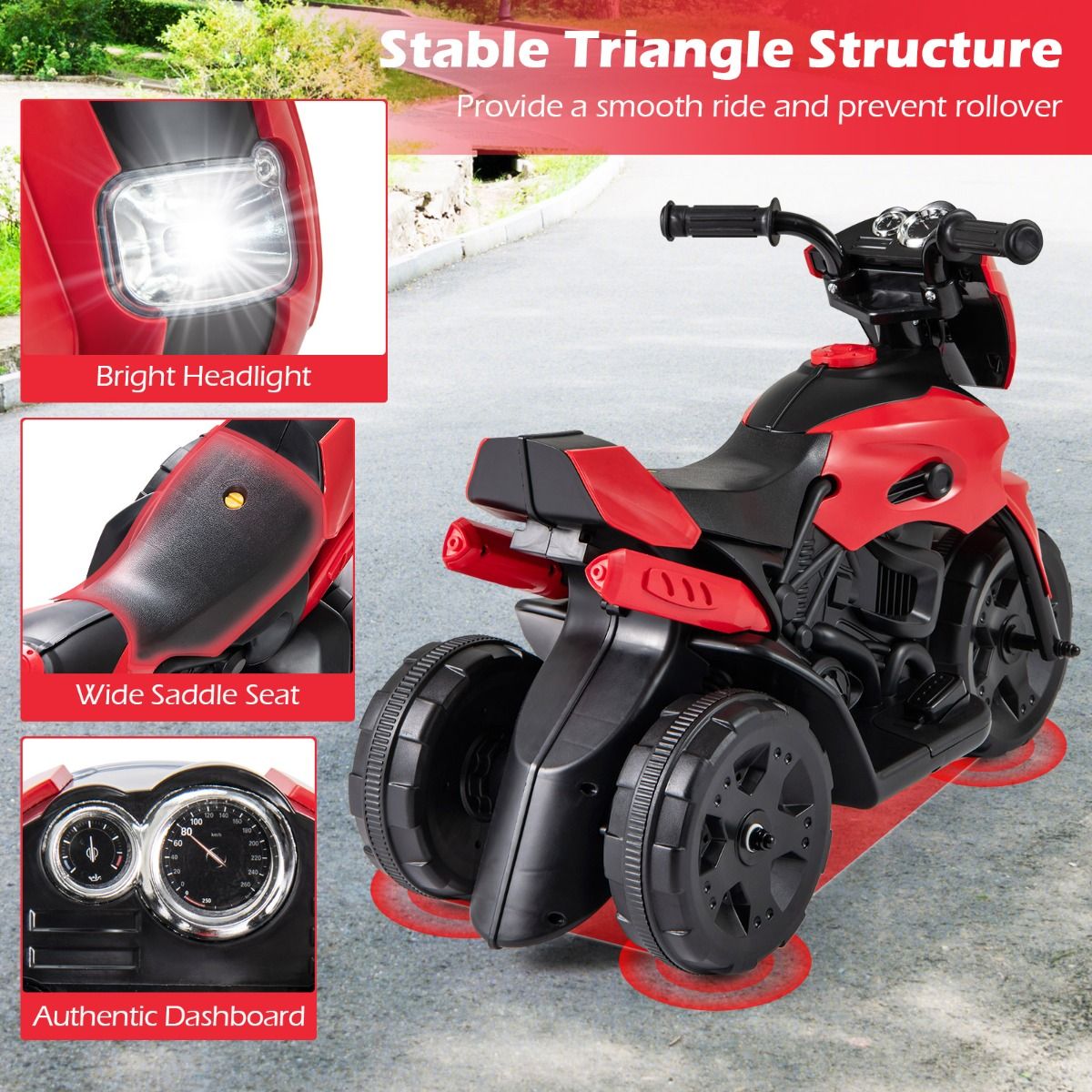 Coast Kindermotorfiets elektrisch - driewielig ontwerp - met led-koplamp - rood