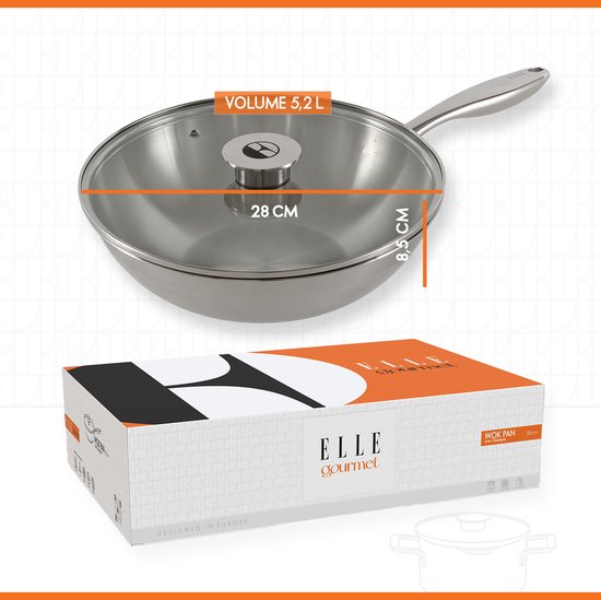 ELLE Gourmet Classique RVS Wokpan met Deksel - Ø 28 cm - PFAS vrij - Inductie
