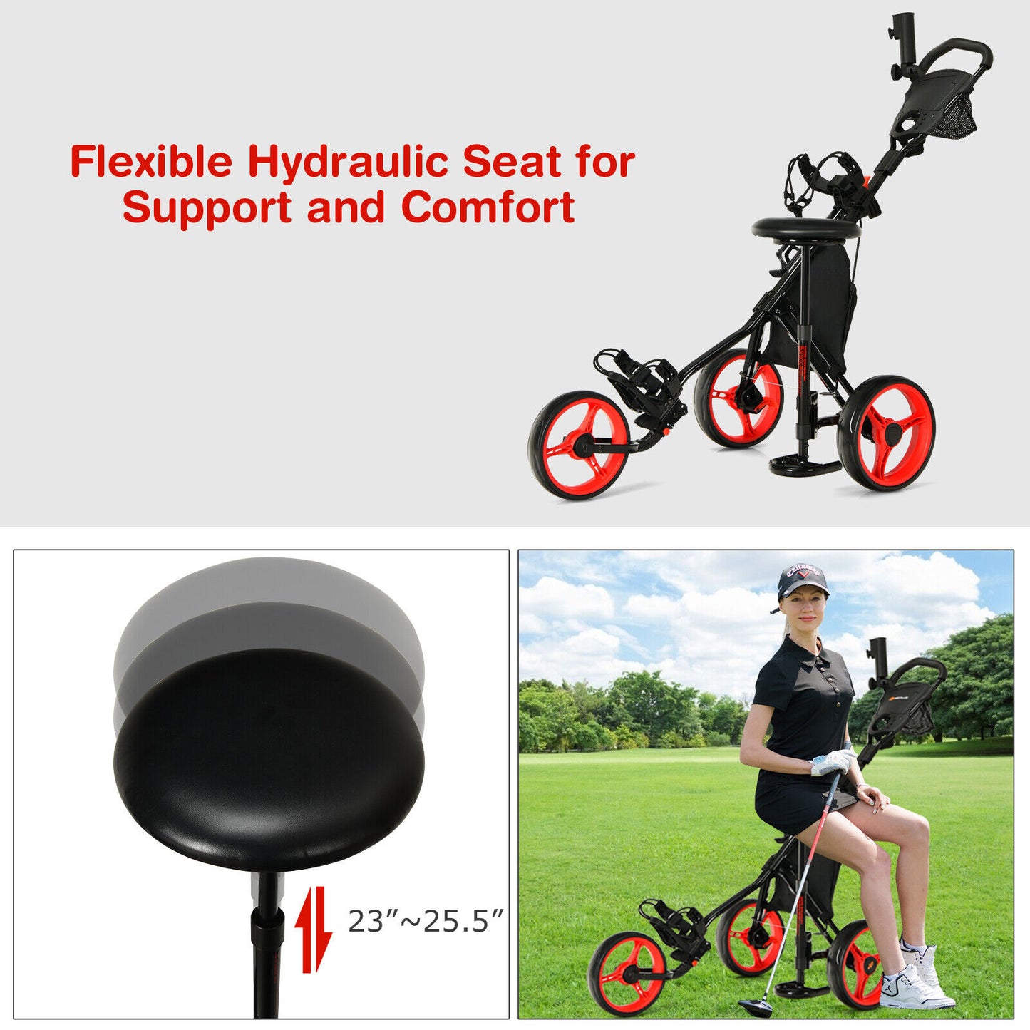 Coast 3-Wheel Golf Kart Verstelbaar licht Golf Kart 129,5 x 75 x 101,5-119,5 cm rood + zwart