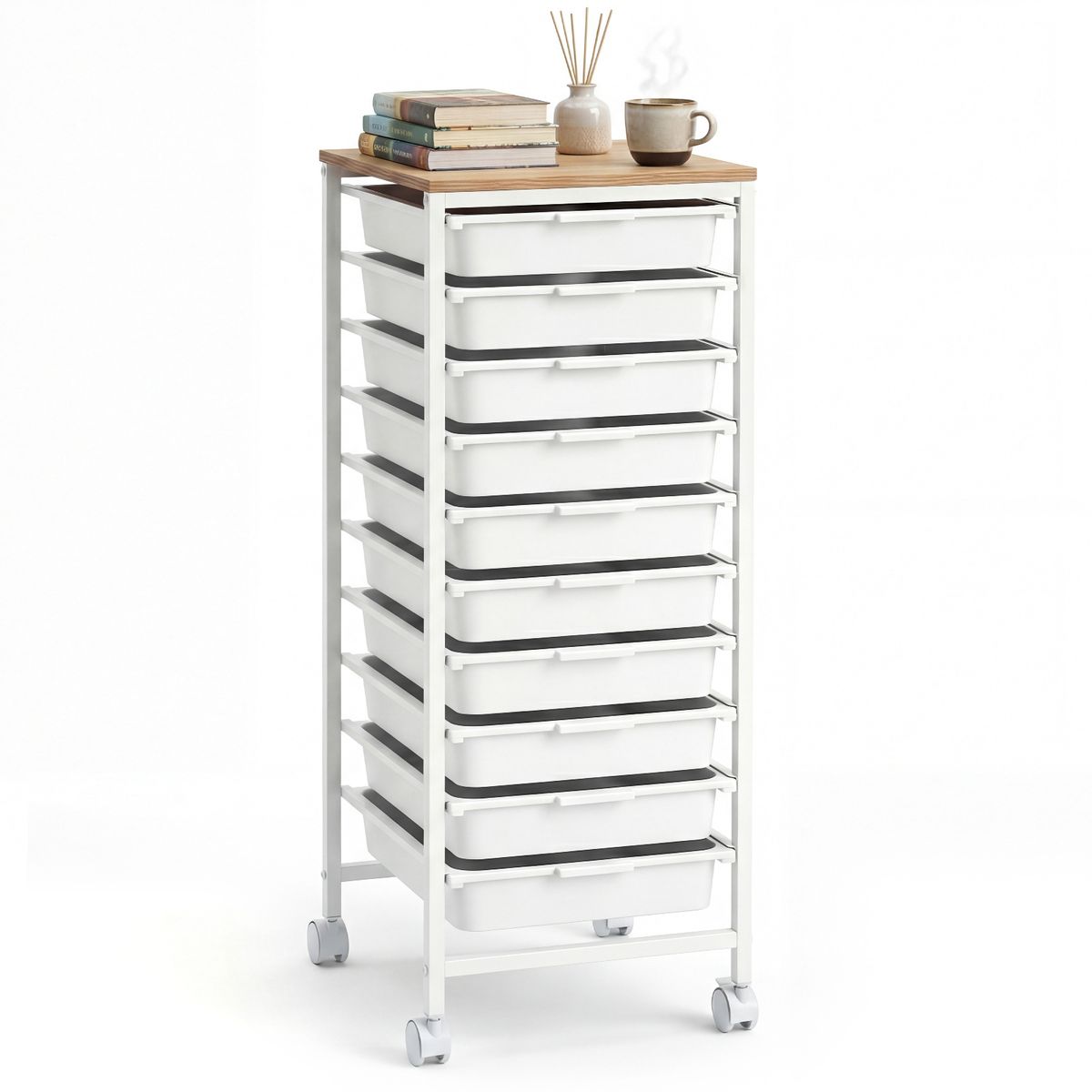 Coast Rolcontainer met 10 lades - stabiel metalen frame - houten blad - wit - 37 x 32,5 x 85 cm