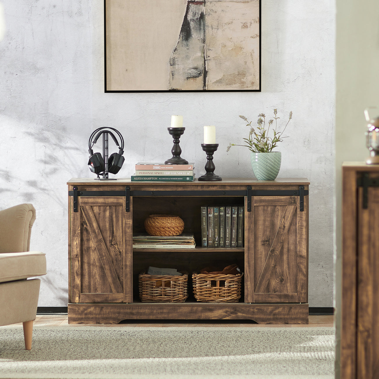 SoBuy Opbergkast – Schuifdeur, Verstelbare Planken, Landelijk Design – 120 x 40 x 70 cm – Kastanjebruin